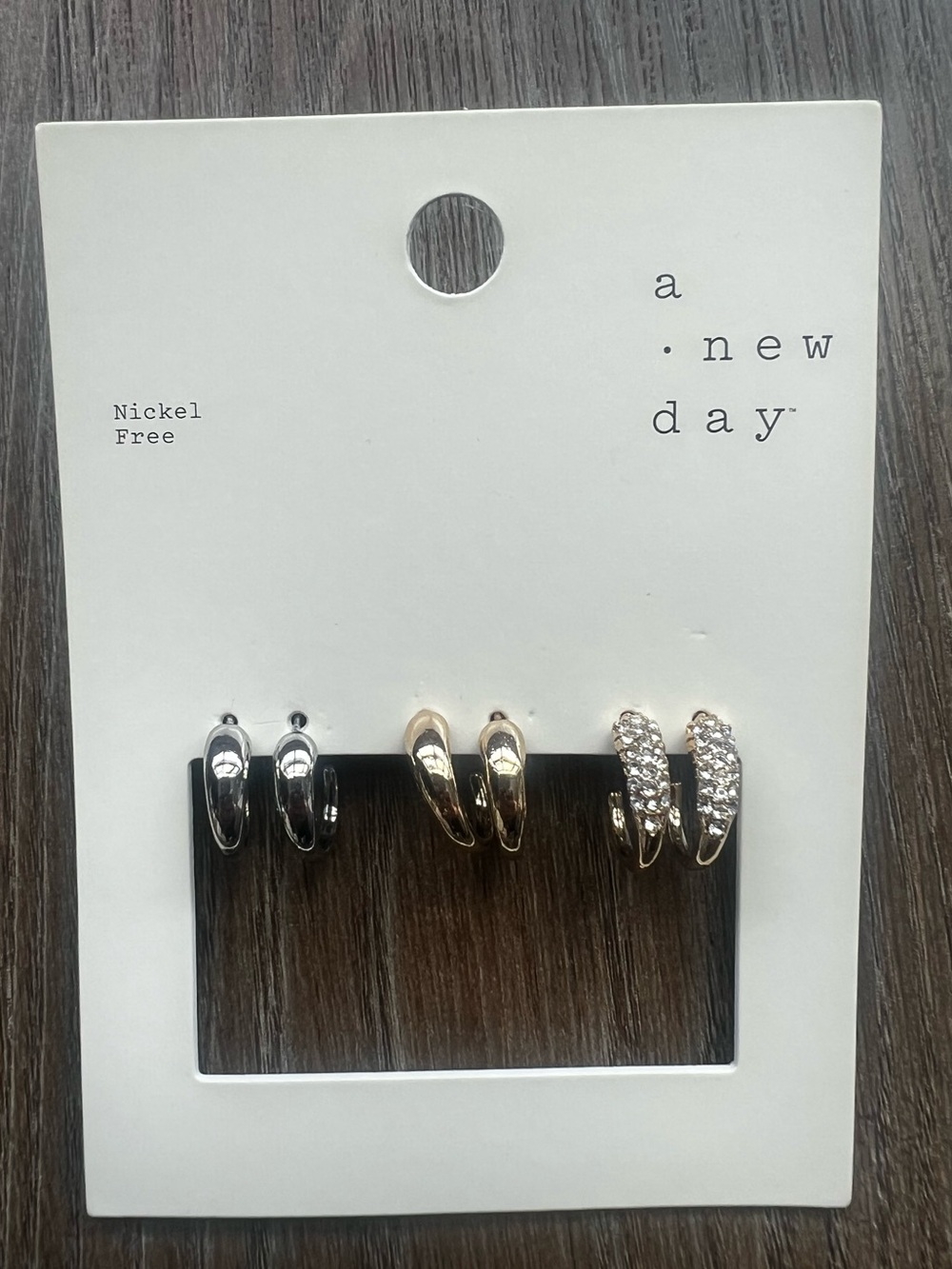 a new day Silver and Gold Hoop Earring Trio with Crystal Accent
